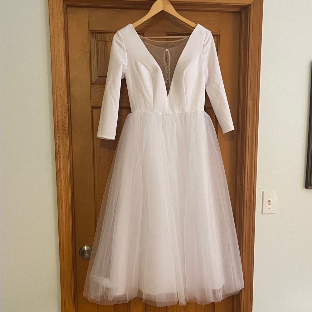 Timeless White Midi Tulle Dress with V-Neck